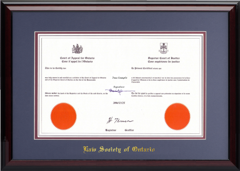 (#2 BLUE) Court Certificate (8.5x14H) - Wood frame with glossy mahogany finish, blue and maroon mat board and gold embossing